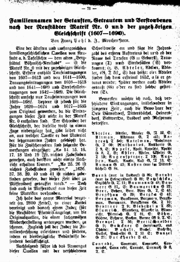 Familiennamen der Getauften, Getrauten und Verstorbenen nach der Neustädter Matrik Nr.0 und der zugehörigen Gleichschrift (1607-1690) - 1