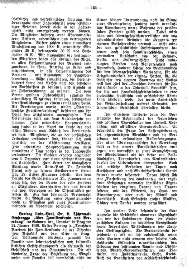 Vortrag Univ.-Prof. Dr. A. Tschermak-Seyseneggs 'Über Familienkunde und Vererbung'