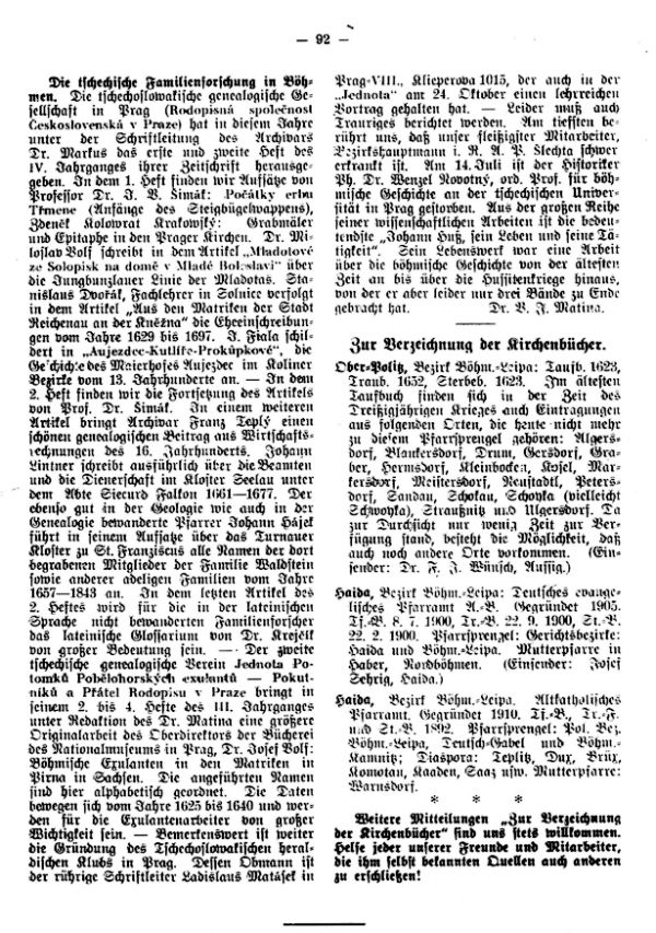 Zur Verzeichnung der Kirchenbücher - Die tschechische Familienforschung in Böhmen