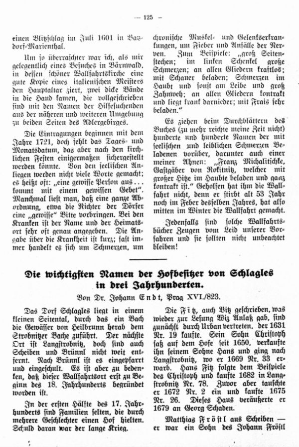 Die wichtigsten Namen der Hofbesitzer von Schlagles in drei Jahrhunderten - 1