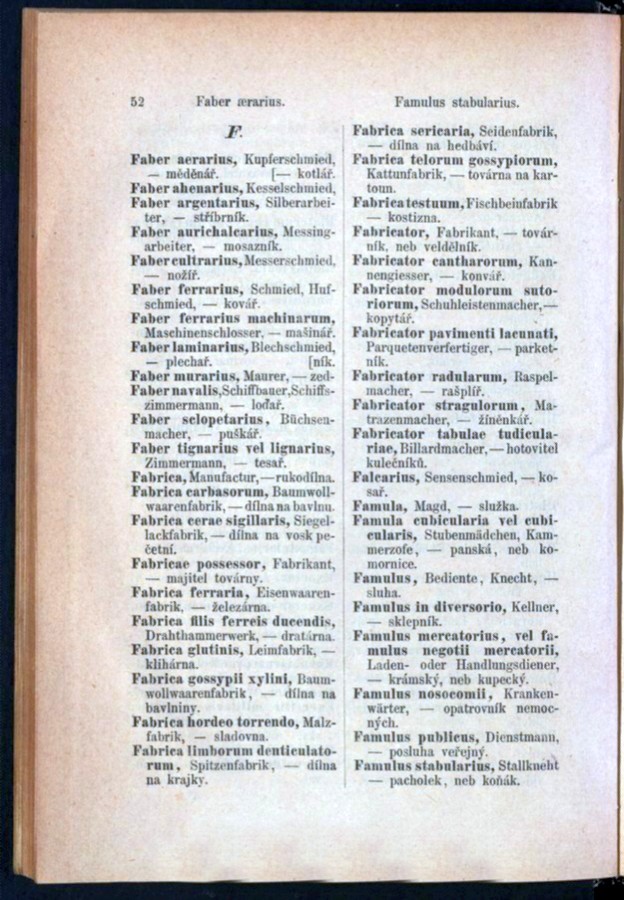 Teil 3  Latein - Deutsch - Böhmisch / von 'Faber aerarius' bis 'Famulus stabularius'